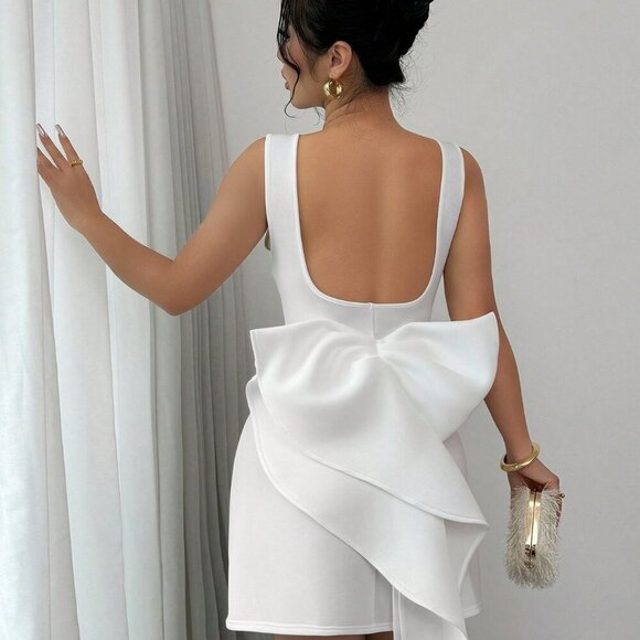 Dresses & Skirts - White Elegant Women's Sleeveless Oversized Bow Back Scoop Neck Mini Dress